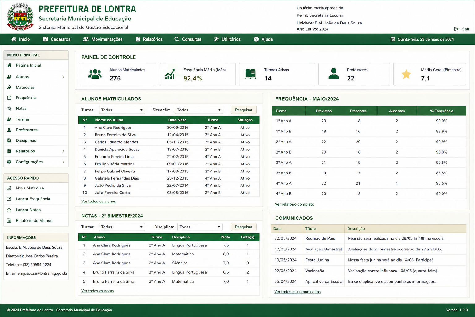 Sistema de Gestão Educacional — painel de controle com alunos, frequência e notas
